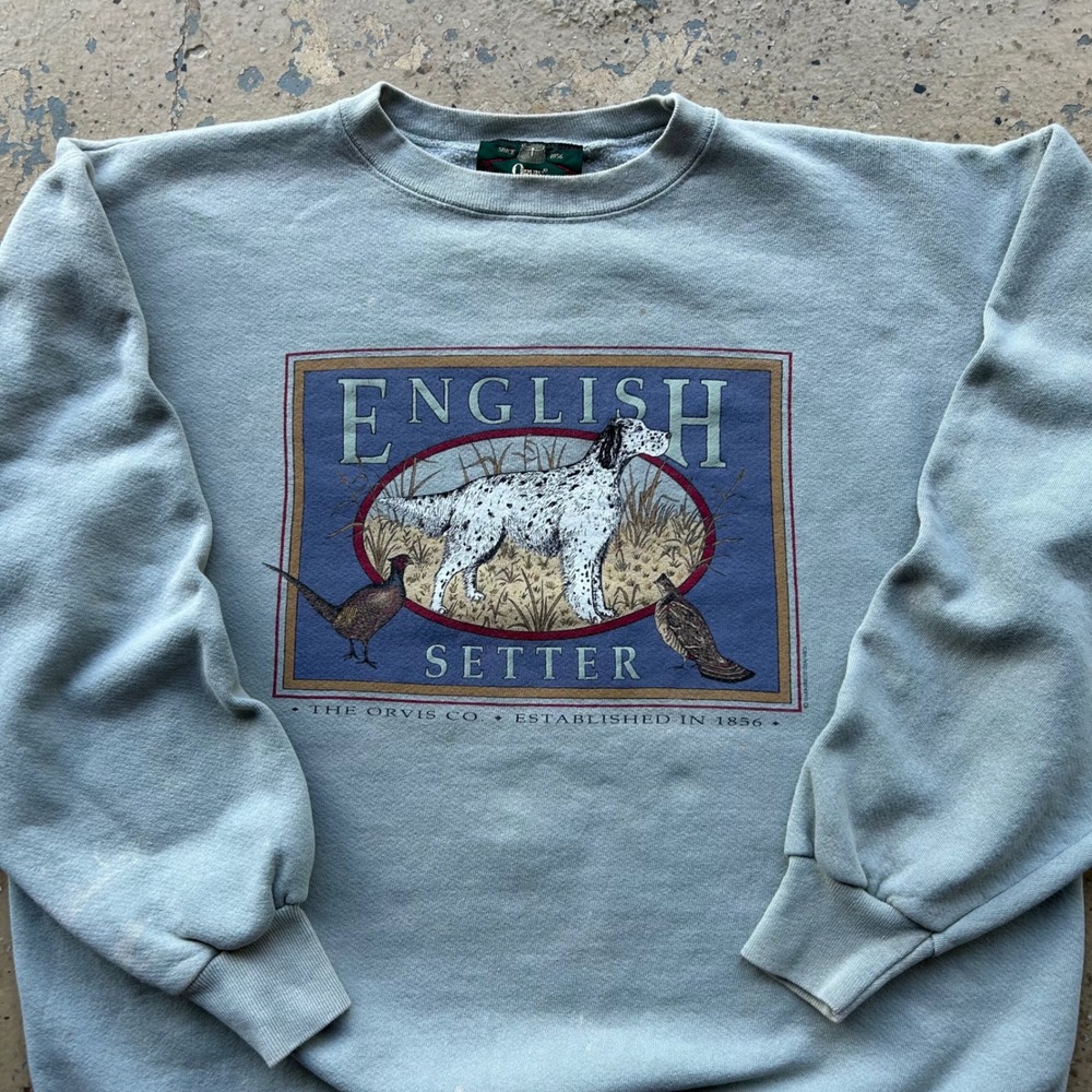 90s Vintage Orvis English Setter Dog Graphic Sweatshirt Mens XL Sage Pullover